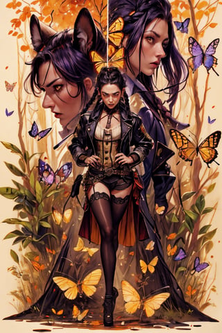 Hyper-detailed painting, Jean-Baptiste Monge style, persian cat Anthropomorphic, steampunk ,, , studded leather jacket with intricate ornamentation orange and purple , pirate steampunk theme,, , highest quality,, very angry face, body fitness, full body, long hair with braids , in the forest with butterflies