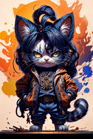 Hyper-detailed painting, Jean-Baptiste Monge style, persian cat Anthropomorphic, cowboy, ,, , with his dress with intricate ornamentation orange and purple , ,, , highest quality,, very angry face, body fitness, full body, long hair with braids , at night in the cemetery with fireflies,cat