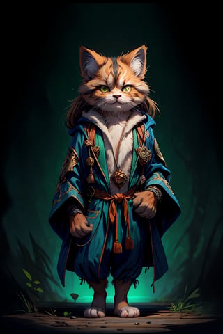 Hyper-detailed painting, Jean-Baptiste Monge style, persian cat Anthropomorphic, mage, ,, , (extremely intricate robes, magical robes orange and green  ),, ,, , highest quality,, very angry face, body fitness, full body, long hair with braids, at night in the forest with fireflies,