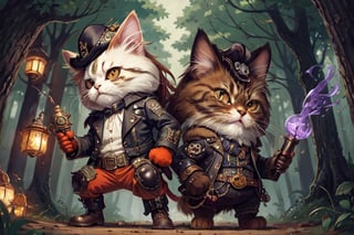 persian cat Anthropomorphic, steampunk ,, , studded leather jacket with intricate ornamentation orange and purple , pirate steampunk theme,, , highest quality,, very angry face, body fitness, full body, long hair with braids , in the forest