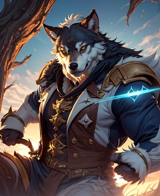 Nebur Belmont,Masterpiece, (Ultra Detailed), (Animal Anthropomorphism), pirate Theme, Wolf, Handsome, Trench Coat, on a plain by an oak tree, with a beautiful sunrise in the background, Highest Quality, Single Focus, (skimming: 1.1), Muscle Man, Full Body, Intricate (High Detail: 1.1) , 8k uhd, orange hair, y pintura facial azul,, , , ,, glowing power aura, dynamic pose, dynamic a close up of a man with a wolf on his chest, muscular werewolf, a minotaur wolf, berserker potrait, trendin on artstation, commission for high res, extremely detailed artgerm, anthro art, sylas, portrait of a gnoll, anthropomorphic wolf male, gnoll, furry fantasy art, full art view,SFBalrog,vane /(granblue fantasy/),sucrose \(genshin impact\)