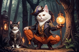 persian cat Anthropomorphic, steampunk ,, , studded leather jacket with intricate ornamentation orange and purple , pirate steampunk theme,, , highest quality,, very angry face, body fitness, full body, long hair with braids , in the forest