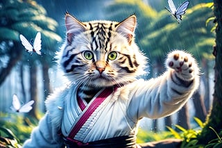 anthropomorphic cat, in kung fu pose, like bruce lee, athletic body, white fur, golden eyes, in the forest, rainy, with magical particles and butterflies
