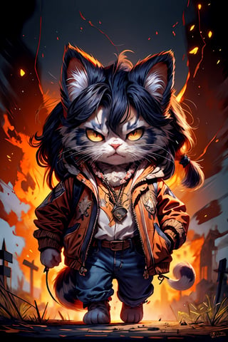 Hyper-detailed painting, Jean-Baptiste Monge style, persian cat Anthropomorphic, cowboy, ,, , with his dress with intricate ornamentation orange and purple , ,, , highest quality,, very angry face, body fitness, full body, long hair with braids , at night in the cemetery with fireflies,cat