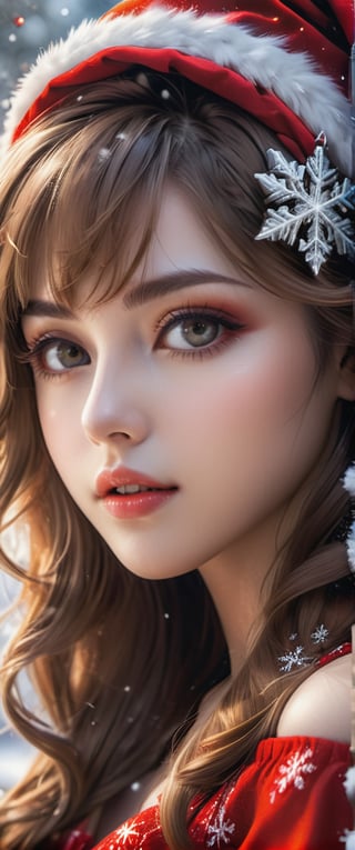 photorealistic portrait, masterpiece, 16k, HD, shot on iphone 14, cinematic lens, high contrast, (vibrant color: 1.4), exquisite tones and texture, siena natural ratio, anime style, high resolution, best quality, beautiful and aesthetic, (HDR: 1.4), sidelighting, cinematic shot, (close up shot), (from the side), a sexy model, brunette, sensual expression that radiates seductivity, pale skin, (perfect face: 1.3), (face details: 1.3), beautiful glistening eyes, long tousled and slightly curled hair, ((snowy background with sparkling snowflakes)), snowflakes, Christmas theme, fantasy, (wearing red Christmas dress), Santa Hat, holding gift box, light from above to give heavenly feeling, detailed background, intricate artwork masterpiece, golden ratio, epic, warm color palette, extremely detailed, (abstract: 1.4), (fractal art: 1.4), (splash art: 1.4), Isilhouette art: 1.4), scenery, bright, color drawing, detailed face, orgasmic, professional, high quality, beautiful, amazing, vintage, behance, photoshoot, 4k, realistic, detailed background, astonishing, fantasy, more detail XL, inst4 style, Anime.