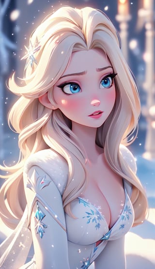 close up of face, Elsa from Frozen, (best quality, masterpiece, ultra detailed, highres, RAW image), perfect facial features, pale skin, blushing, blonde, long tousled hair, perfect eyes, perfect proportions, prestigeous, delicate, romantic, Elizabethan woman, winter christmas clothes, cleavage, romanticism, hirao style, snowy Christmas village in far background, snow field, pine trees, mountains, sunlight from above to give heavenly feeling, glitter, (falling snow), snowflakes, realistic.