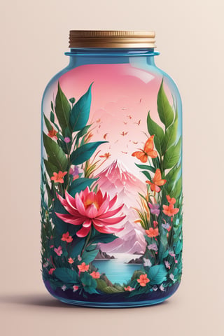 Paint a picture of the perfect balance between art and nature. Incorporate elements like flowers, leaves, animal, and other natural patterns to create a unique and intricate design, no shadow, Leonardo Style,oni style, line_art,3d style, synthwave background,,in a jar