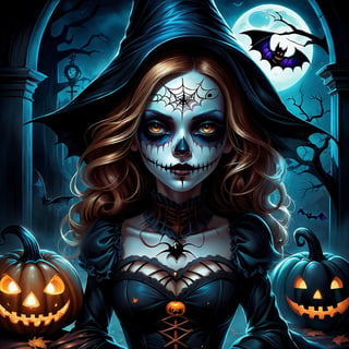 A beautiful female horror character with a Halloween theme, highly detailed, cinematic lighting, dark and eerie atmosphere, dramatic shadows, digital painting, inspired by the works of artists like Victoria Francés and Jasmine Becket-Griffith.