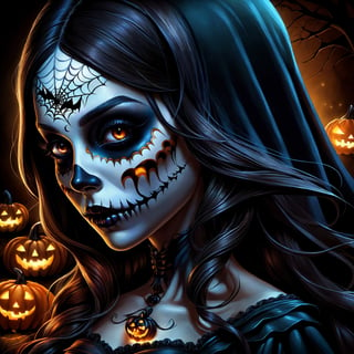 A beautiful female horror character with a Halloween theme, highly detailed, cinematic lighting, dark and eerie atmosphere, dramatic shadows, digital painting, inspired by the works of artists like Victoria Francés and Jasmine Becket-Griffith.