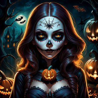 A beautiful female horror character with a Halloween theme, highly detailed, cinematic lighting, dark and eerie atmosphere, dramatic shadows, digital painting, inspired by the works of artists like Victoria Francés and Jasmine Becket-Griffith.