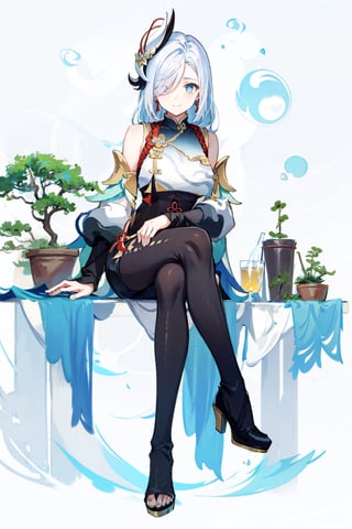 shenhe(genshin impact), bare shoulders, hair over one eye, 1girl, ribbed sweater, white background, black footwear,  blue eyes, closed mouth, hair ornament, pantyhose, high heels, shorts, solo, crossed legs, white hair, large breasts, legs, sitting, simple background, skirt, long hair, looking at viewer,masterpiece, best quality,scenery, nswf ,smile to viewer 

