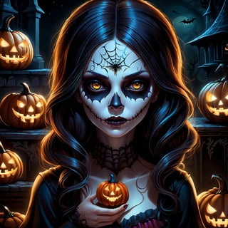 A beautiful female horror character with a Halloween theme, highly detailed, cinematic lighting, dark and eerie atmosphere, dramatic shadows, digital painting, inspired by the works of artists like Victoria Francés and Jasmine Becket-Griffith.