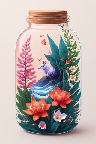 Paint a picture of the perfect balance between art and nature. Incorporate elements like flowers, leaves, animal, and other natural patterns to create a unique and intricate design, no shadow, Leonardo Style,oni style, line_art,3d style, synthwave background,,in a jar