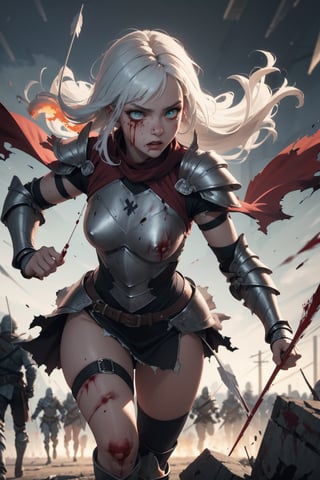 Highres, best quality, extremely detailed, area lighting in background, HD, 8k, 1girl, white hair, female assassin, armor, fiery eyes, running, overlooking an army, horror style, area lighting in background, torn clothes, absurdress, blood, blood splatter, flying arrows