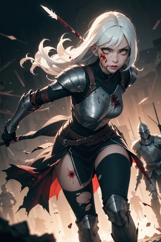 Highres, best quality, extremely detailed, area lighting in background, HD, 8k, 1girl, white hair, female assassin, armor, fiery eyes, running, overlooking an army, horror style, area lighting in background, torn clothes, absurdress, blood, blood splatter, flying arrows
