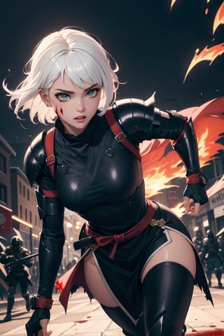 Highres, best quality, extremely detailed, area lighting in background, HD, 8k, 1girl, white hair, armor, female ninja, fiery eyes, running, overlooking an army, horror style, area lighting in background, torn clothes, absurdress, blood, blood splatter, night