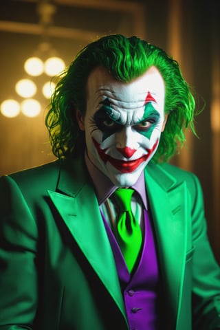 The Dark Joker with Green Evil Light eyes and lighting green thunder Dc , scary, Classic Academia, Flexography, ultra wide-angle, Game engine rendering, Grainy, Collage, analogous colors, Meatcore, infrared lighting, Super detailed, photorealistic, food photography, Cycles render, 4k, dance joke prank laugh,Leonardo style ,cinematic  moviemaker style