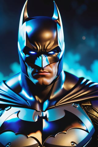 The Dark batman with black Evil Light eyes and lighting Blue thunder Dc , scary, Classic Academia, Flexography, ultra wide-angle, Game engine rendering, Grainy, Collage, analogous colors, Meatcore, infrared lighting, Super detailed, photorealistic, food photography, Cycles render, 4k,  laugh, Leonardo style ,cinematic  moviemaker style, armed 