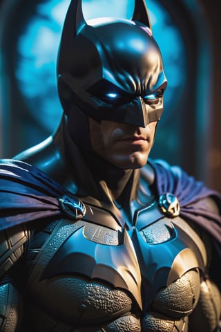 The Dark batman with black Evil Light eyes and lighting Blue thunder Dc , scary, Classic Academia, Flexography, ultra wide-angle, Game engine rendering, Grainy, Collage, analogous colors, Meatcore, infrared lighting, Super detailed, photorealistic, food photography, Cycles render, 4k,  laugh, Leonardo style ,cinematic  moviemaker style