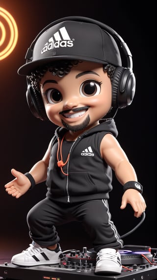 (((Dewey Decibel text logo))),  dancing and DJing, 3d figure,  1 boy,  black curly hair, light black/hazel eyes, piercings,((backwards hat)), adidas jump suit outfit,  cute smile,  famous DJ,  very popular,  passionate, bad ass, dressed retro/furutistic,  Electronic music, (((short goatee))), ((headphones wrapped around neck)), looking retro and new wave,  DJing for a huge crowd,  everyone is looking at him,3d figure,text logo,pturbo
