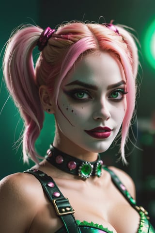 The Dark Harley Quinn with pink Evil Light eyes and lighting green thunder Dc , scary, Classic Academia, Flexography, ultra wide-angle, Game engine rendering, Grainy, Collage, analogous colors, Meatcore, infrared lighting, Super detailed, photorealistic, food photography, Cycles render, 4k, dance joke prank laugh,Leonardo style ,cinematic  moviemaker style