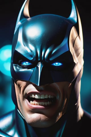 The Dark batman with black Evil Light eyes and lighting Blue thunder Dc , scary, Classic Academia, Flexography, ultra wide-angle, Game engine rendering, Grainy, Collage, analogous colors, Meatcore, infrared lighting, Super detailed, photorealistic, food photography, Cycles render, 4k,  laugh, Leonardo style ,cinematic  moviemaker style, armed 