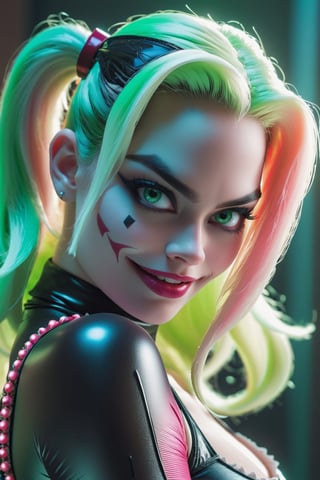 The Dark Harley Quinn with pink Evil Light eyes and lighting green thunder Dc , scary, Classic Academia, Flexography, ultra wide-angle, Game engine rendering, Grainy, Collage, analogous colors, Meatcore, infrared lighting, Super detailed, photorealistic, food photography, Cycles render, 4k, dance joke prank laugh,Leonardo style ,cinematic  moviemaker style,NIJI STYLE,photo r3al,make_3d