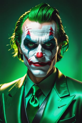 The Dark Joker with Green Evil Light eyes and lighting green thunder Dc , scary, Classic Academia, Flexography, ultra wide-angle, Game engine rendering, Grainy, Collage, analogous colors, Meatcore, infrared lighting, Super detailed, photorealistic, food photography, Cycles render, 4k, dance joke prank laugh,Leonardo style ,cinematic  moviemaker style