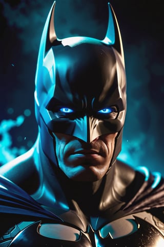 The Dark batman with black Evil Light eyes and lighting Blue thunder Dc , scary, Classic Academia, Flexography, ultra wide-angle, Game engine rendering, Grainy, Collage, analogous colors, Meatcore, infrared lighting, Super detailed, photorealistic, food photography, Cycles render, 4k,  laugh, Leonardo style ,cinematic  moviemaker style