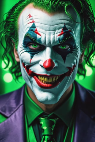 The Dark Joker with Green Evil Light eyes and lighting green thunder Dc , scary, Classic Academia, Flexography, ultra wide-angle, Game engine rendering, Grainy, Collage, analogous colors, Meatcore, infrared lighting, Super detailed, photorealistic, food photography, Cycles render, 4k, dance joke prank laugh,Leonardo style ,cinematic  moviemaker style