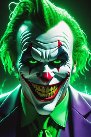 The Dark Joker with Green Evil Light eyes and lighting green thunder Dc , scary, Classic Academia, Flexography, ultra wide-angle, Game engine rendering, Grainy, Collage, analogous colors, Meatcore, infrared lighting, Super detailed, photorealistic, food photography, Cycles render, 4k, dance joke prank laugh,Leonardo style 