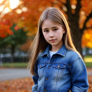 8k, (masterpiece:1.3), ultra-realistic, UHD, highly detailed, best quality, 1girl, petite, distant short, full_body, close up portrait of self-assurance (AIDA_LoRA_HanF:1.1) as (12 years old girl:1.1) standing in the park, (wearing denim jacket:1.1), beautiful realistic girl, cute girl, skinny, slim, fitness, natural hair, dynamic pose, cinematic, dramatic, hyper realistic, studio photo, hdr, f1.6, getty images, (colorful:1.1), autumn fall, sunset