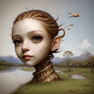 (masterpiece, hi resolution, hd wallpaper, extra resolution, best quality, intricate details:1.3), a head flying in the sky and turning into octopus with squids instead of hair, pretty face, big eyes with elegant eyelashes, surrealistic landscape with a grassy area and a lake on the foreground and trees and mountain on the background, abstract shapes and dead black tree growing on the head while head flying in the sky, liquid flash, balls, artwork by AIDA_NH_humans, surrealistic portrait in style of AIDA_NH_humans