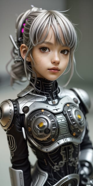SFW, (masterpiece:1.3), AIDA_LoRA_AnC as cyborg in style of AIDA_ColGruBioMec, pretty face, beautiful child, dramatic, curly silver hair, silver flowers, air intaces on her chest, gears on her shoulders, blurry gray background, depth of field, sharp focus on the subject, f 1.8