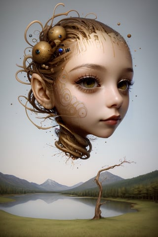 (masterpiece, hi resolution, hd wallpaper, extra resolution, best quality, intricate details:1.3), a head flying in the sky and turning into octopus with squids instead of hair, pretty face, big eyes with elegant eyelashes, surrealistic landscape with a grassy area and a lake on the foreground and trees and mountain on the background, abstract shapes and dead black tree growing on the head while head flying in the sky, liquid flash, balls, artwork by AIDA_NH_humans, surrealistic portrait in style of AIDA_NH_humans