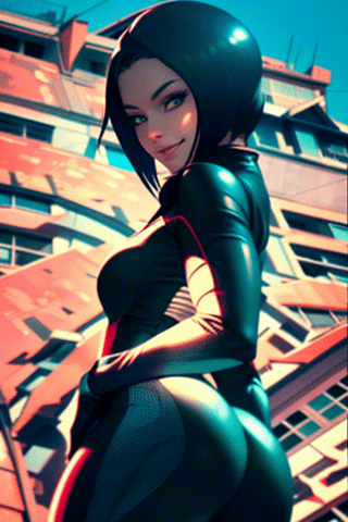 Photo of woman ,catsuit , curvaceous, smirk, at the top of building  , cityscap, cinematic  lighting, detailed face, detailed eyes, masterpiece, high_res, perfect face, , High detailed , mattrh