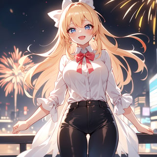 In the midst of a dazzling fireworks show against the night sky, the modern anime girl exudes a vibrant energy. Her tousled blonde locks cascade freely around her, framing a carefree and radiant expression. She's adorned in a semi-transparent, loose white shirt that billows gently in the night breeze, adding an alluring mystique to her look. Paired with sleek black jeans, the outfit emanates a casual yet chic vibe.

Her attire, though casually stylish, seems slightly tousled from the spirited festivities of the night, amplifying her aura of spontaneous charm. The playful disarray of her hair is adorned with a fashionable, oversized hair bow that lends a whimsical touch to her appearance.

No longer veiled in wistful contemplation, her eyes now sparkle with unadulterated joy and excitement as she basks in the mesmerizing display of fireworks. Her cheeks bear a rosy blush, a testament to the exhilaration of the moment. She stands confidently amidst the vibrant chaos of the night, embracing the lively atmosphere with open-hearted delight.

The cityscape glistens around her, but her attention is fixed on the breathtaking bursts of color in the sky. Her smile is infectious, radiating pure happiness and reveling in the euphoria of the celebration. This modern girl embodies vivaciousness and carefree joy, encapsulating the spirit of a spirited night of celebration and newfound happiness.