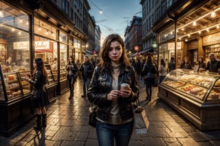 fine art portrait of street, city, shops photorealistic, realistic, Masterpiece