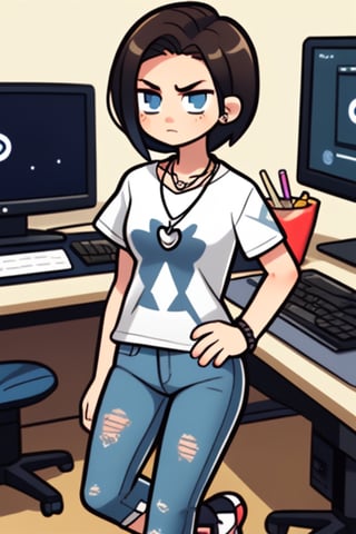 girl, prety, Tall, short dark hair, deep blue eyes. Serious, introverted, loyal, but with difficulties to trust others. He tends to wear comfortable, casual clothing, such as geek-patterned T-shirts, skinny jeans, and sneakers. He also wears a necklace with a computer symbol pendant.