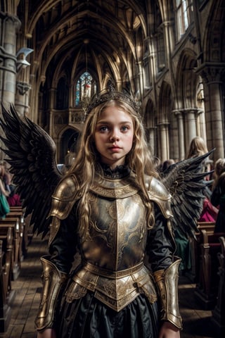 (master part, qualidade superior, Realistic) 11-year-old gothic girl, angelic beautiful child, fantasy photoshoot, with green eyes and long blonde hair down to the waist, Scenario Atlético Esporte Clube, heavenly light, inside a church,Angel,angel_wings,angel, Golden armor,medieval armor