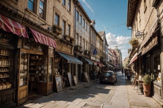 fine art portrait of street, city, shops, noon, buildings in the background, photorealistic, realistic, Masterpiece