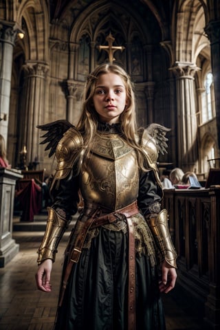 (master part, qualidade superior, Realistic) 11-year-old gothic girl, angelic beautiful child, fantasy photoshoot, with green eyes and long blonde hair down to the waist, Scenario Atlético Esporte Clube, heavenly light, inside a church,Angel,angel_wings,angel, Golden armor,medieval armor