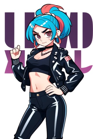 (frontal view, looking at front, facing viewer:1.2) 1girls, beautiful, attractive, Tall, slim, mini breasts, brightly dyed hair, pierced eyebrows and nose. Bold, eccentric, passionate about music and art. It has an alternative and urban style, with leather jackets, tight pants.