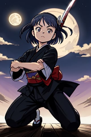 Maxima calidad, manos definidas, Nena japonesa de 15 años con traje tradicional japonés a la luz de la luna, de pie viendo al espectador con una katana en mano, pose de combate
