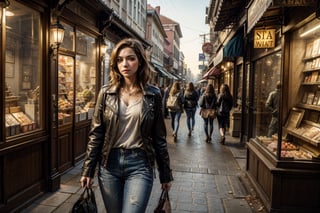 fine art portrait of street, city, shops photorealistic, realistic, Masterpiece