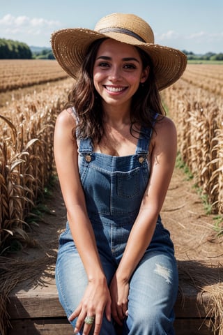 (one-1-person:1.2), beautiful latin lady, freckles, big smile, dark makeup, hyperdetailed photography, soft light, head and shoulders portrait, cover, dressed in denim overalls, straw hat, plaid shirt, work boots, in a corn field