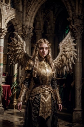 (master part, qualidade superior, Realistic) 11-year-old gothic girl, angelic beautiful child, fantasy photoshoot, with green eyes and long blonde hair down to the waist, Scenario Atlético Esporte Clube, heavenly light, inside a church,Angel,angel_wings,angel, Golden armor,medieval armor