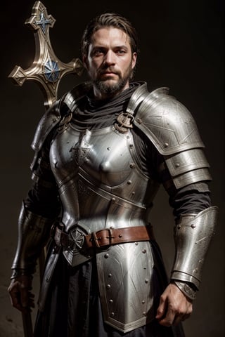 templar knight, battle armor, dented armor, 35 year old man strong features, scruffy beard, holding a cross,