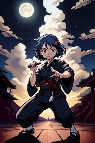 Maxima calidad, manos definidas, Nena japonesa de 15 años con traje tradicional japonés a la luz de la luna, de pie viendo al espectador con una katana en mano, pose de combate
