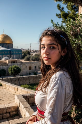 "Generates an image of a beautiful 16-year-old Palestinian girl, wearing traditional clothing, participating in a cultural event in the West Bank. Includes the backdrop of the Dome of the Rock in Jerusalem, olive trees and the landscape of the Judean Hills ".